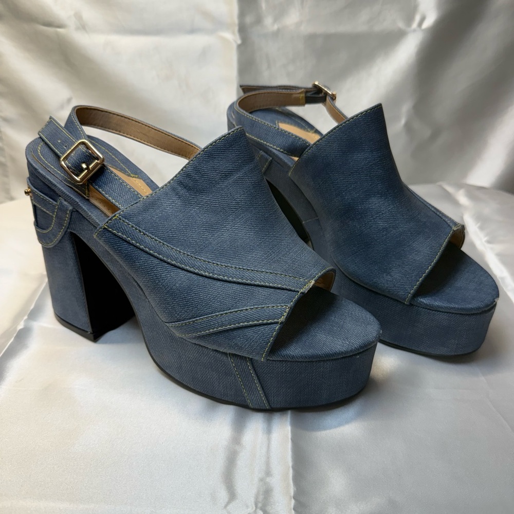 Mackin J Denim Ankle Strap Platform Wedge Sandals Sz 8 Block Heel 70’s Inspired